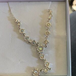 Silver Geometric Lariat Necklace with Clear Stones